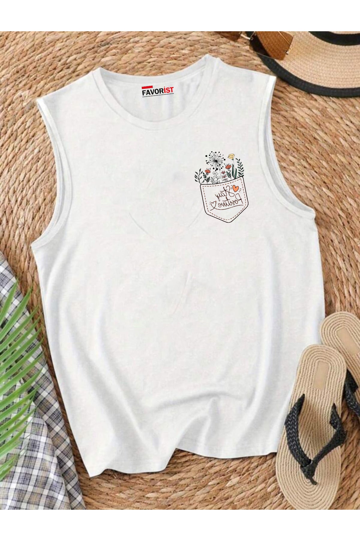 STAY POSITIVE Çiçek Baskılı Omuzu Açık Kadın Pamuklu Kolsuz Yazlık T-shirt Atlet