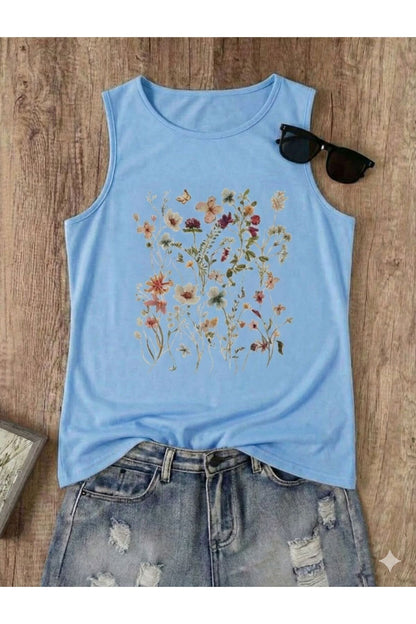 FLOWERS Desenli Kadın Pamuklu Omuzu Açık (Kolsuz) Yazlık T-shirt