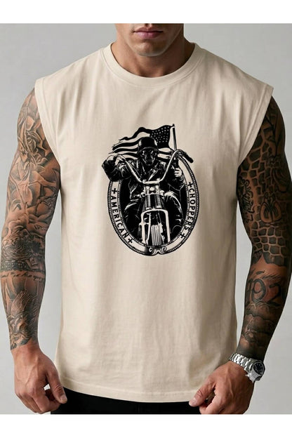 AMERİKAN MOTORCU Baskılı Erkek Sıfır Kol Kolsuz Sporcu Atlet Tshirt