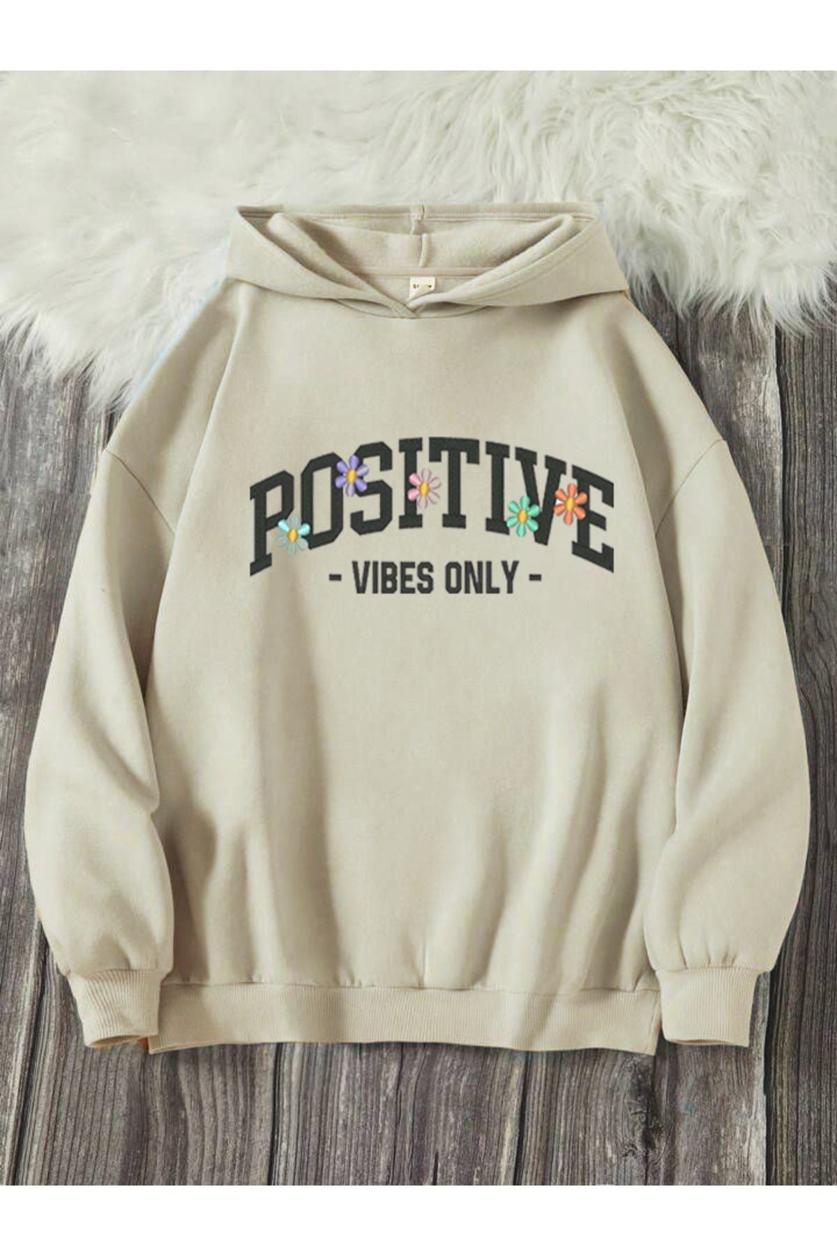 VIBES ONLY POSITIVE Baskılı Bisiklet Yaka Sweatshirt