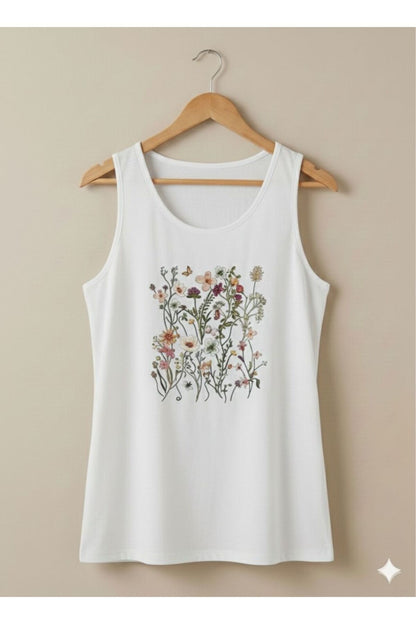 Flowers Baskılı Kadın Beyaz Omuzu Açık Askılı Yazlık Pamuklu T-shirt