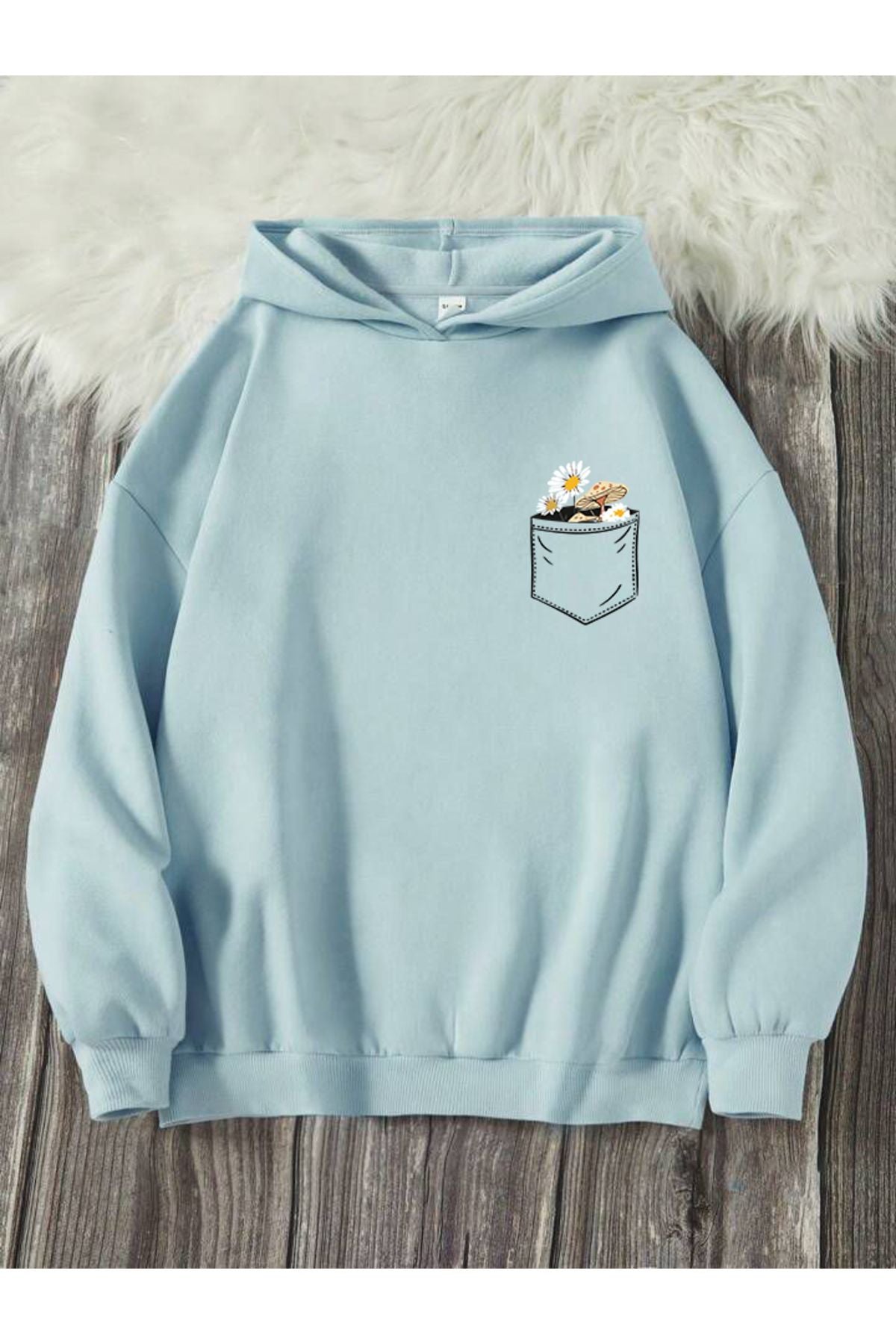 Cep Çiçek Baskılı Kapşonlu Sweatshirt Oversize Geniş Kalıp