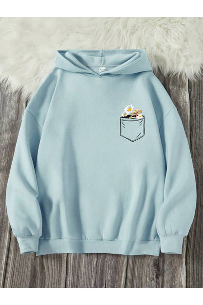 Cep Çiçek Baskılı Kapşonlu Sweatshirt Oversize Geniş Kalıp