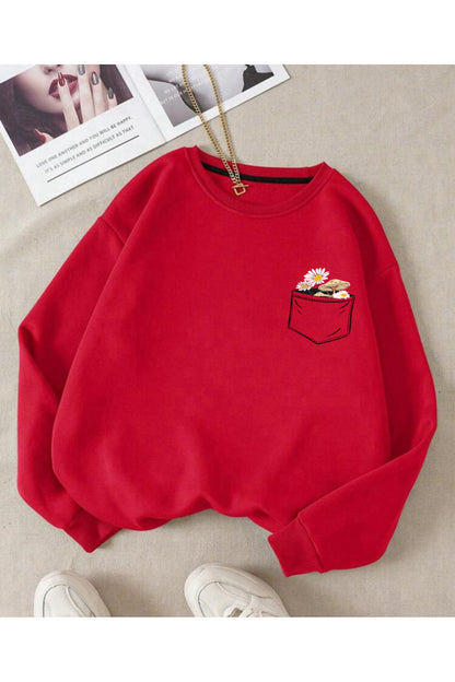 Çiçek Baskılı Bisiklet Yaka Pamuklu Sweatshirt