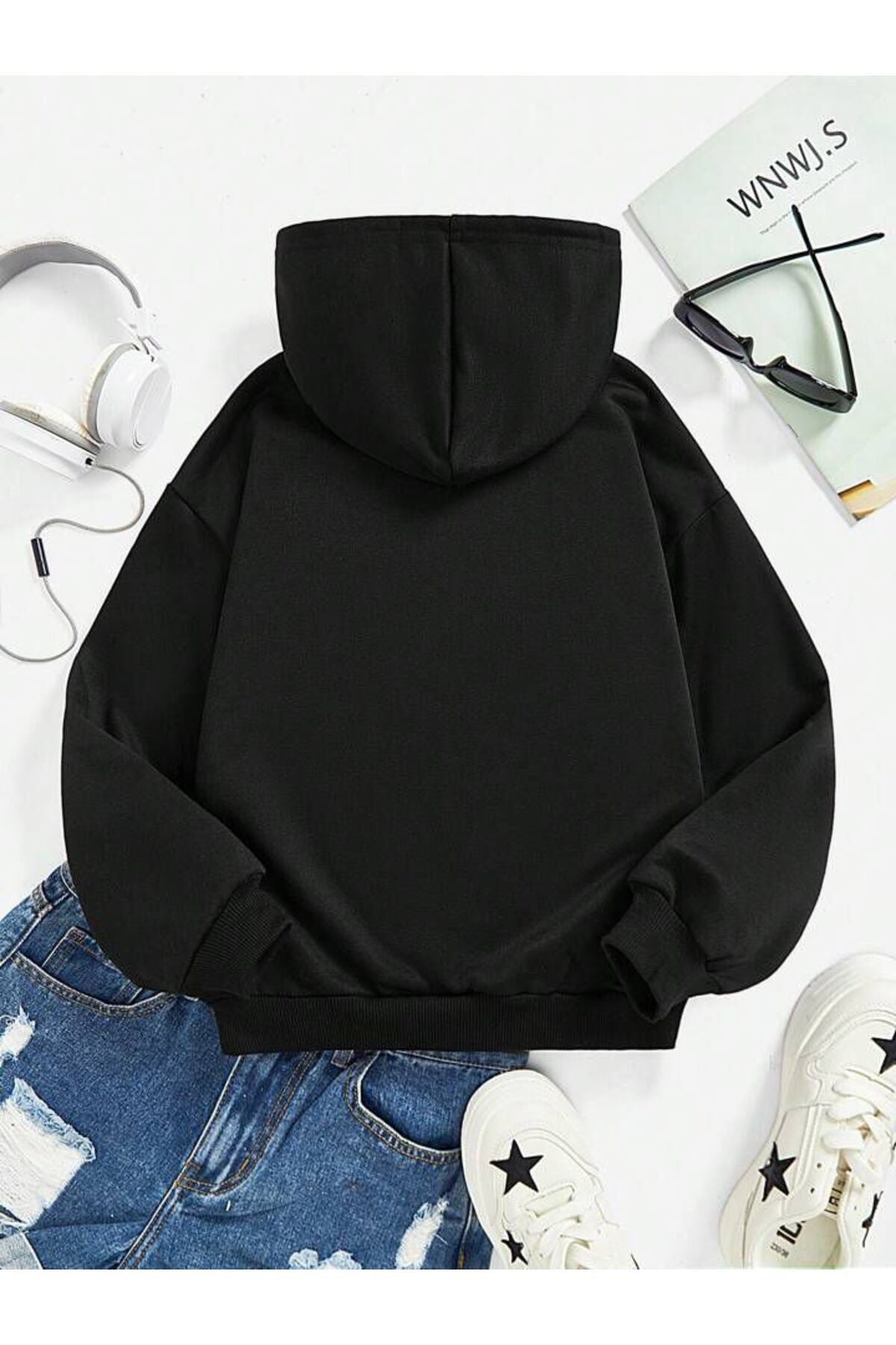 Cep Çiçek Baskılı Kapşonlu Sweatshirt Oversize Geniş Kalıp