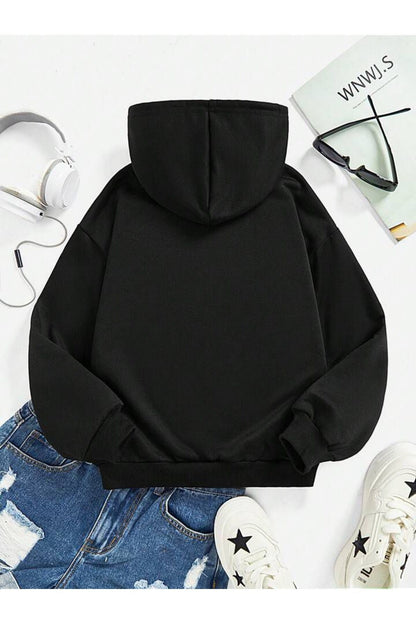 Cep Çiçek Baskılı Kapşonlu Sweatshirt Oversize Geniş Kalıp