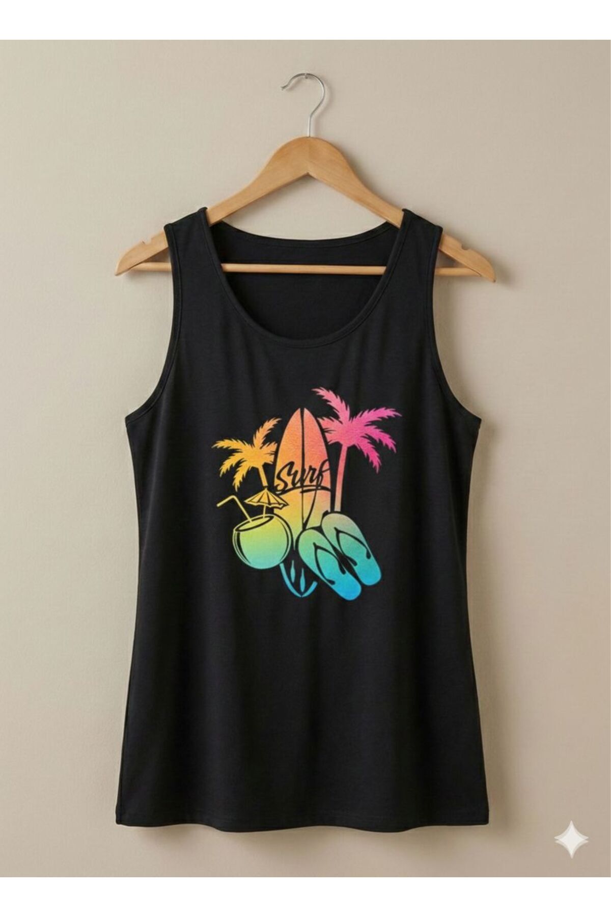 Palmiye Surf Baskılı Kadın Siyah Omuzu Açık Askılı Yazlık Pamuklu T-shirt