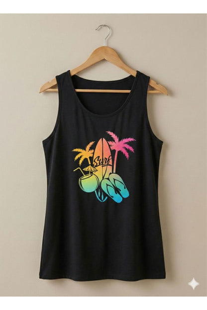 Palmiye Surf Baskılı Kadın Siyah Omuzu Açık Askılı Yazlık Pamuklu T-shirt