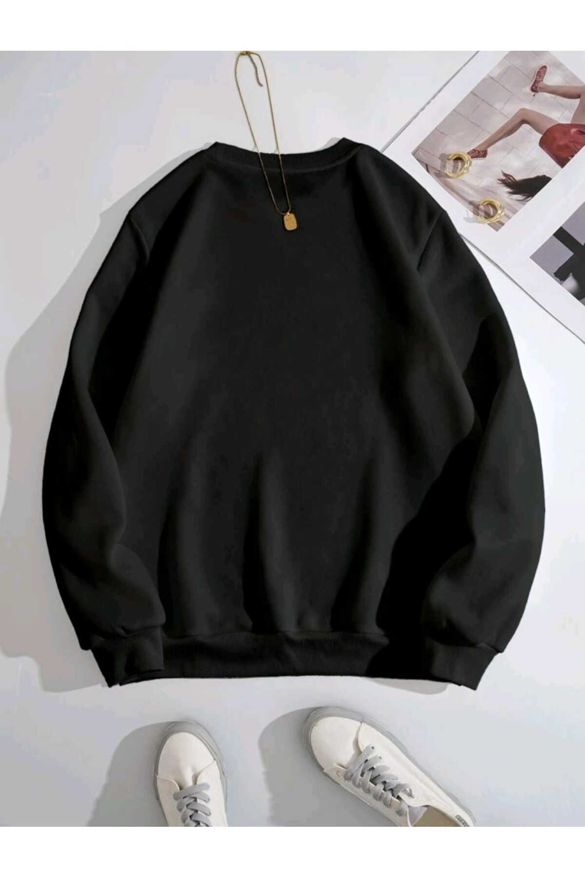 Düz Baskısız Giy Çık Oversize Kalıp Bisiklet Yaka Sweatshirt