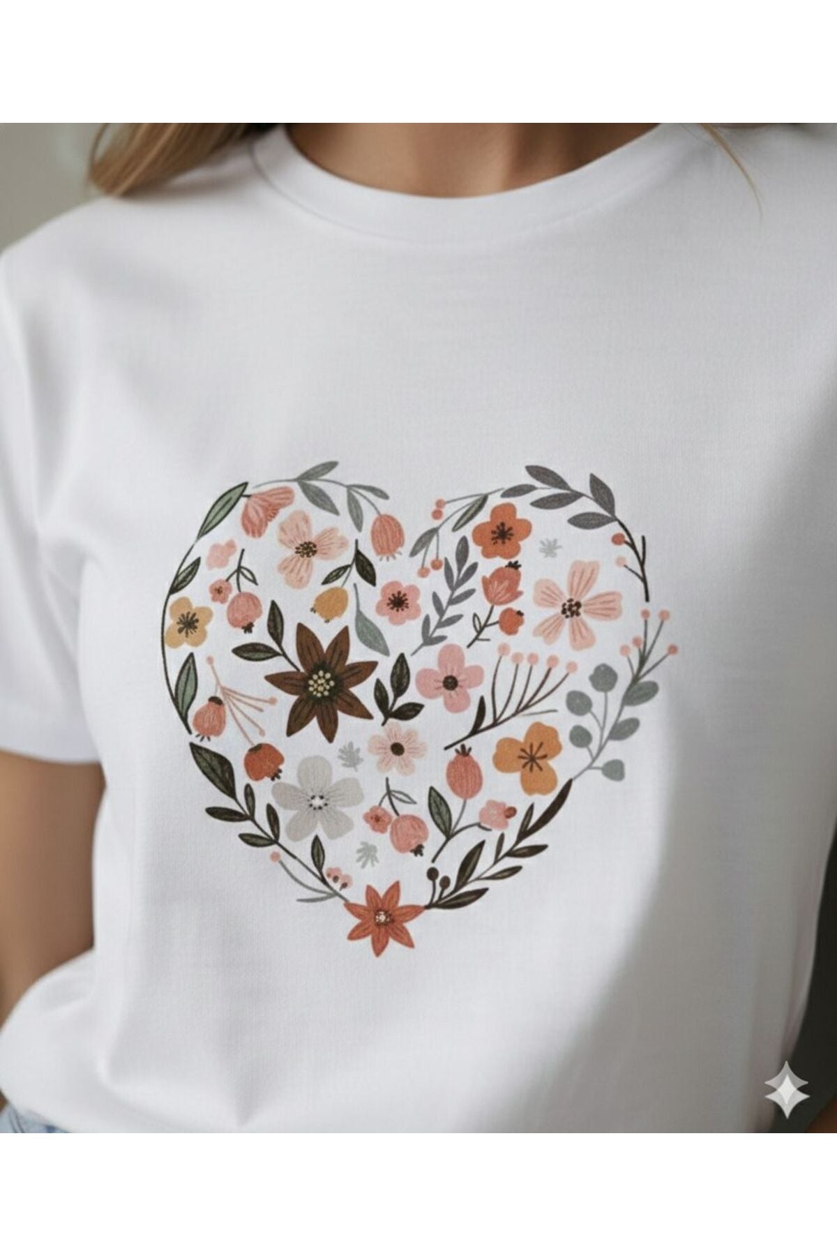 Kalp ve Laleler Baskılı Kadın Bisiklet Yaka Tshirt