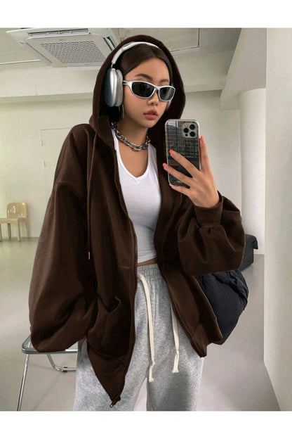 Balon Kol Süper Kalite Pamuklu Unisex Düz Renk Kapüşonlu Oversize Hırka