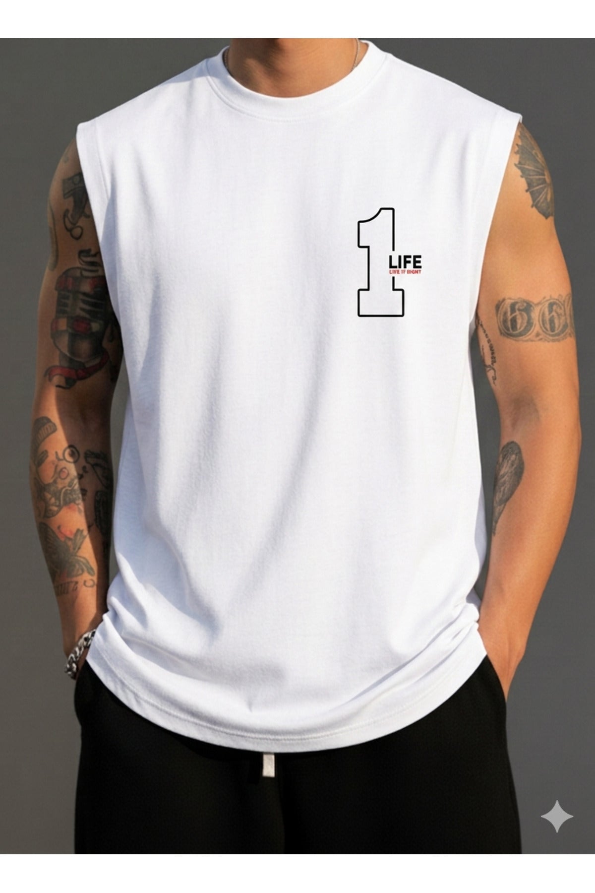 Erkek Sıfır Kol MİX Baskılı T-Shirt
