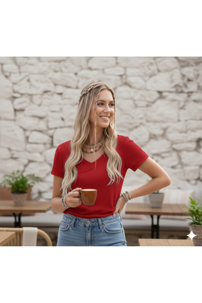 V YAKA Düz Baskısız Soft Kumaş Kadın T-shirt