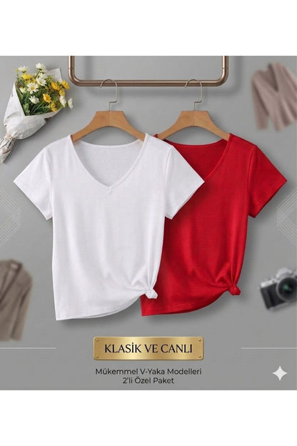 2 Adet Düz Regular Kalıp Kadın (V YAKA) T-Shirt