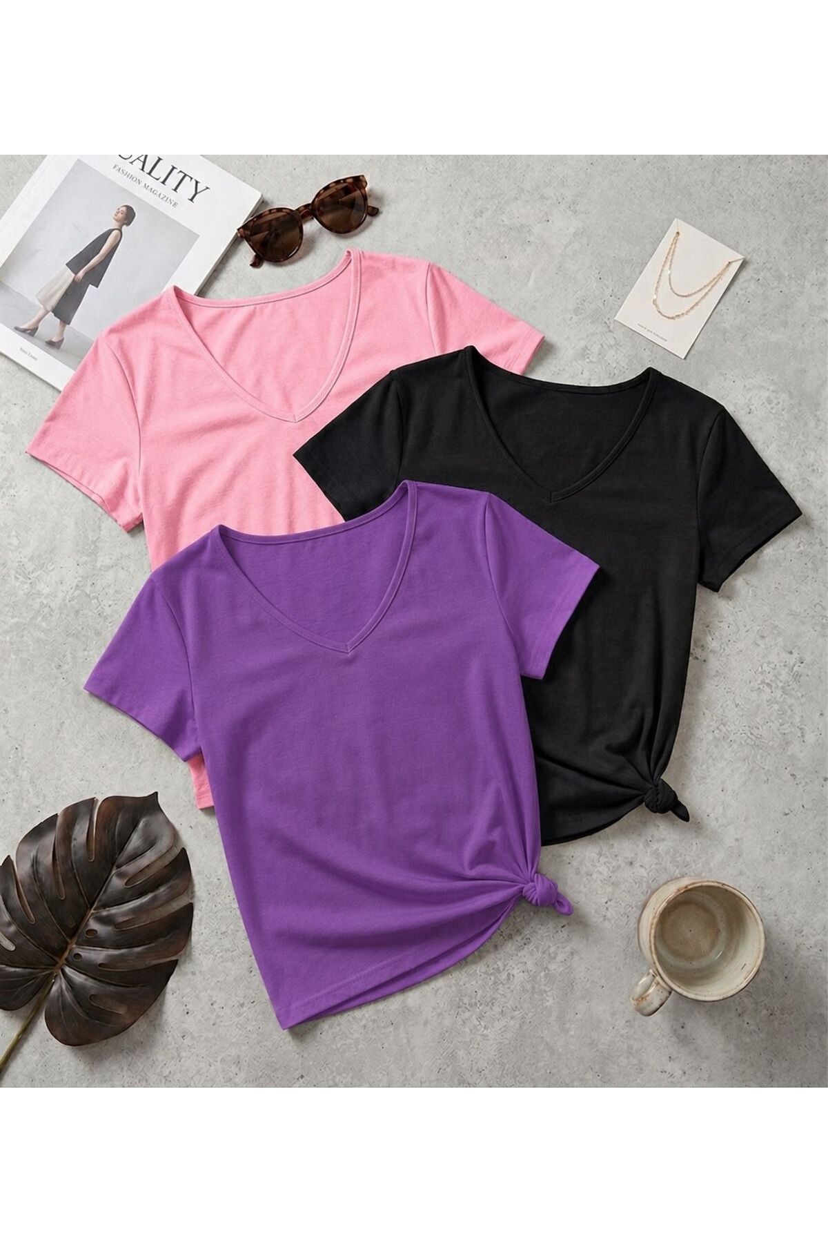 3 Adet Düz Regular Kalıp (V Yaka) Kadın T-Shirt