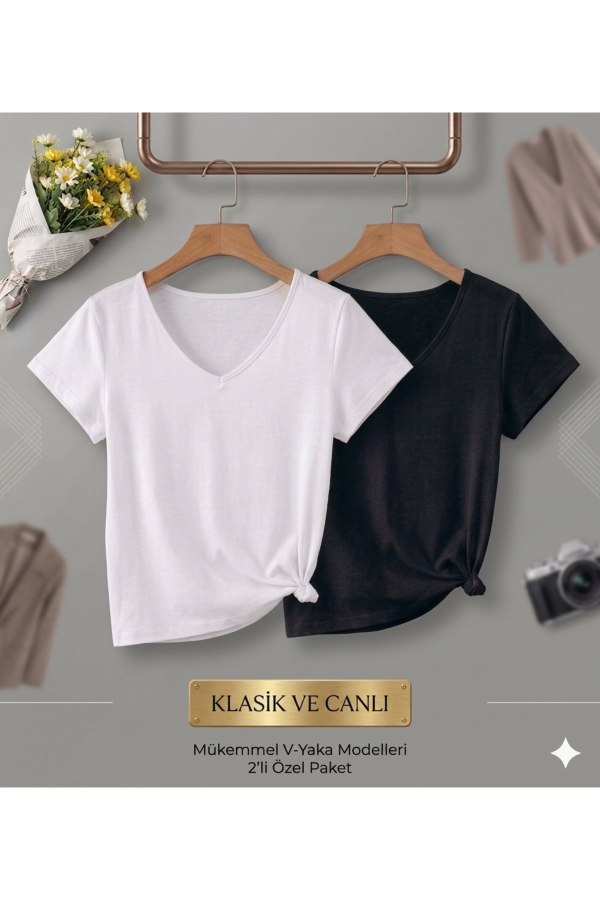 2 Adet Düz Regular Kalıp Kadın (V YAKA) T-Shirt