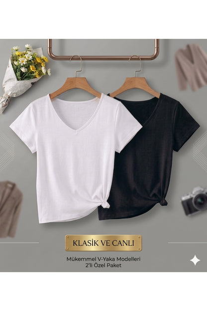 2 Adet Düz Regular Kalıp Kadın (V YAKA) T-Shirt
