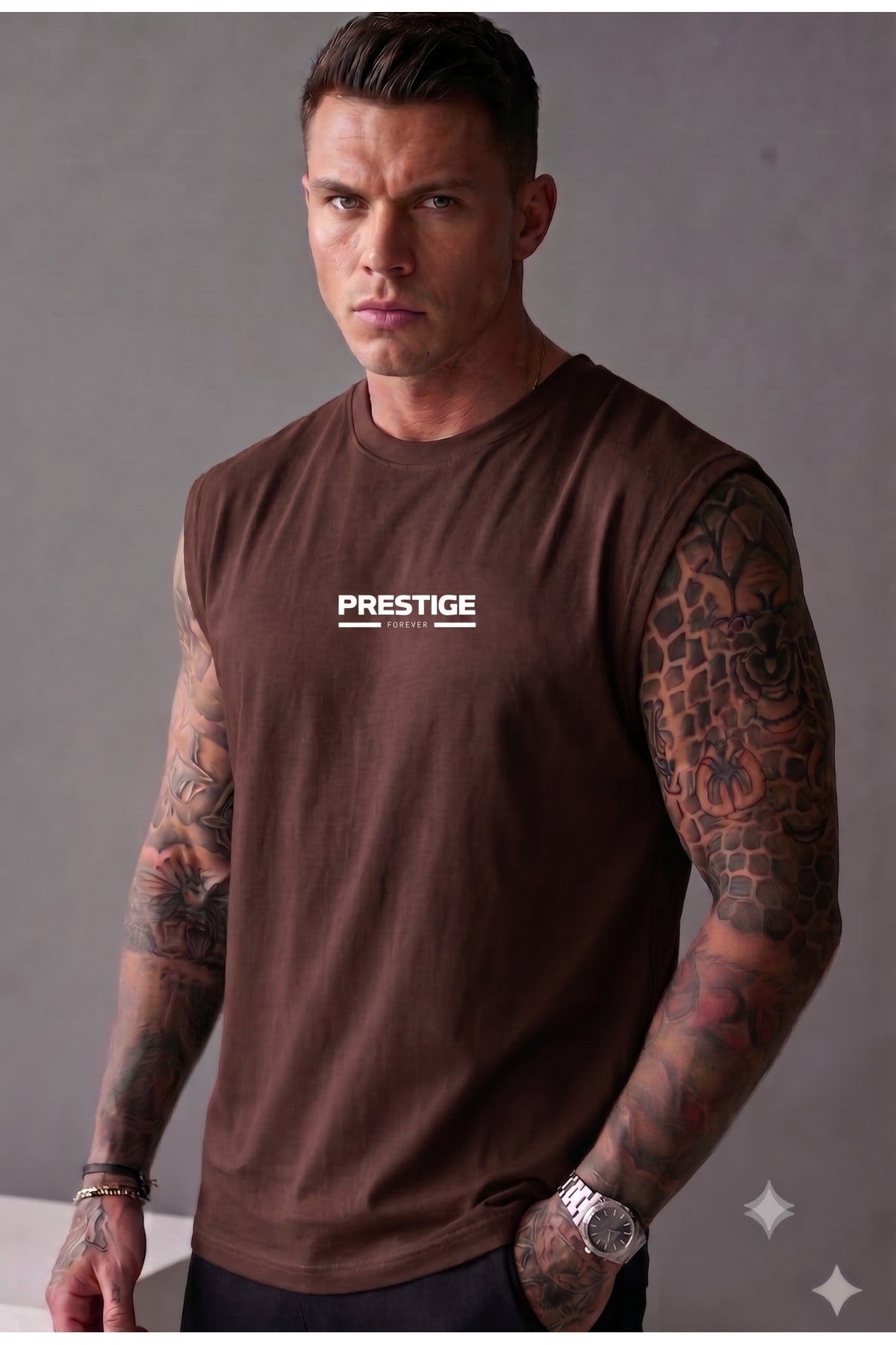 PRESTIGE Baskılı Erkek Sıfır Kol Sporcu Atlet T-shirt (Pamuk/Penye)