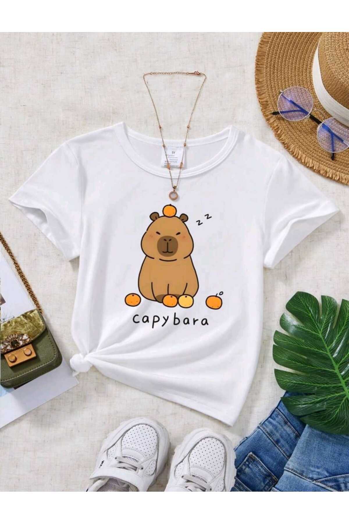 Çocuk CAPY BARA Baskılı Bisiklet Yaka Pamuklu T-shirt