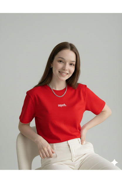 Superb. Baskılı Kırmızı Bisiklet Yaka Pamuklu Kadın Regular Kalıp Tshirt
