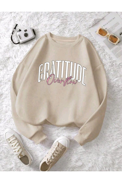 GRATITUDE OVERFLOW Baskılı Bisiklet Yaka Pamuklu Unisex Sweatshirt