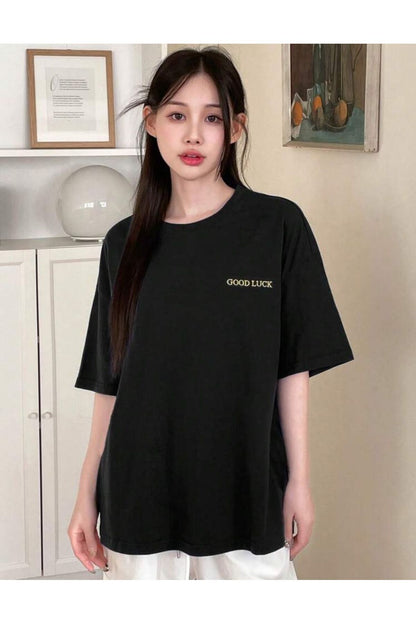GOOD LUCK Baskılı Pamuklu Kısa Kol (Oversize) Tshirt