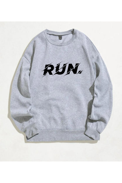 RUN Baskılı Bisiklet Yaka Pamuklu Sweatshirt