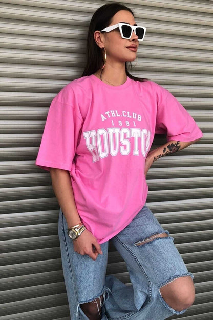 Houston 1991 Baskılı Oversize ( Geniş Kalıp ) Bisiklet Yaka Pamuk Spor Tshirt