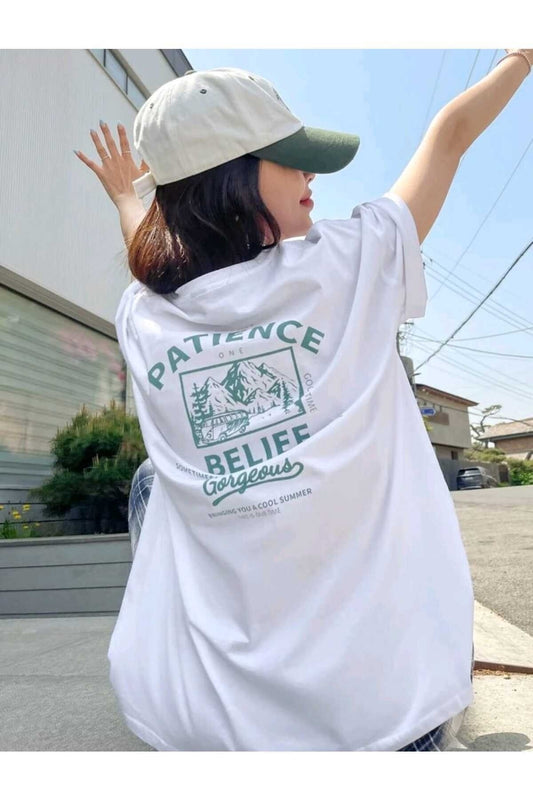 Patıence Baskılı Beyaz Bisiklet Yaka Pamuklu Rahat Kesim Tshirt