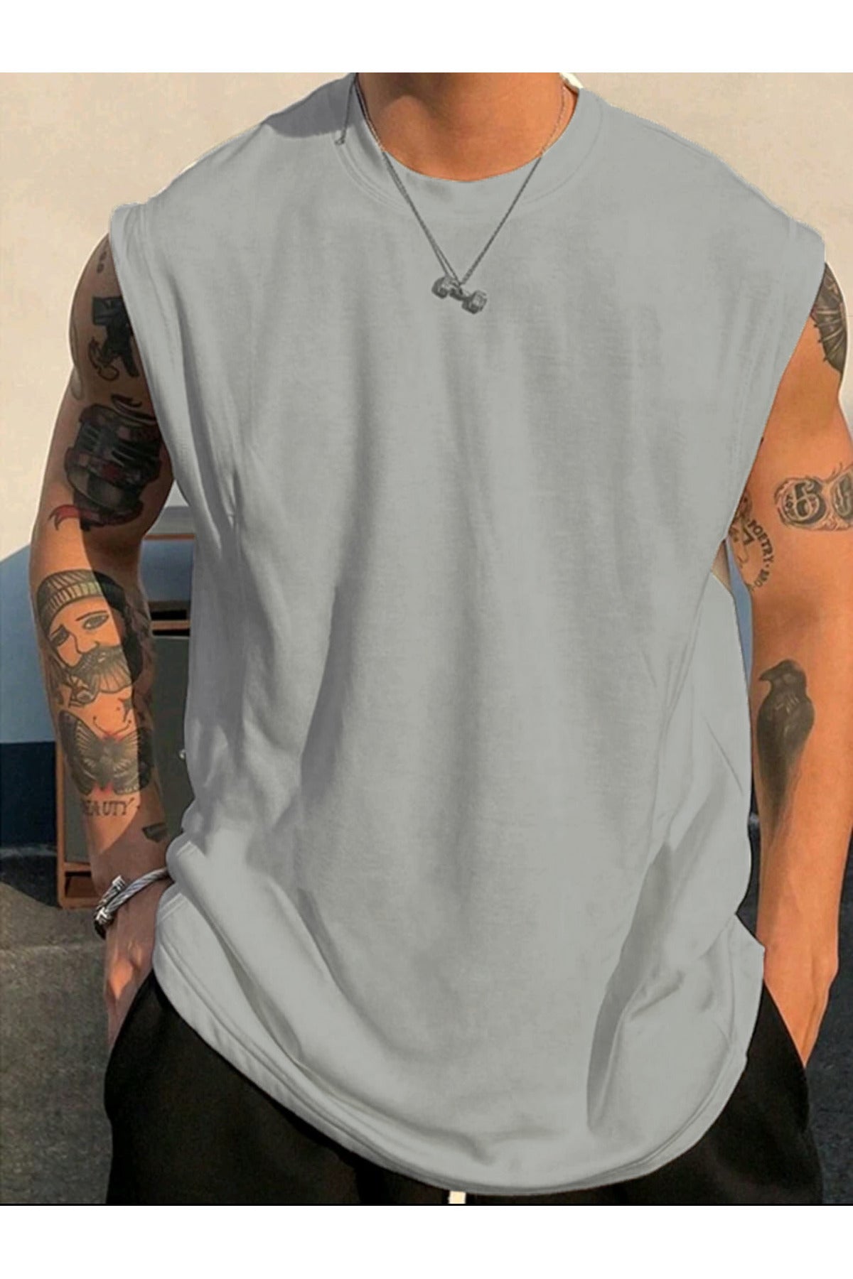Düz Giy Çık Erkek Kolsuz Sıfır Kol Trend T-Shirt