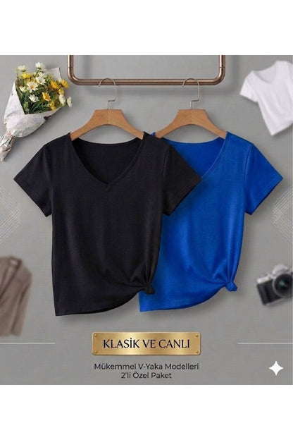 2 Adet Düz Regular Kalıp Kadın (V YAKA) T-Shirt