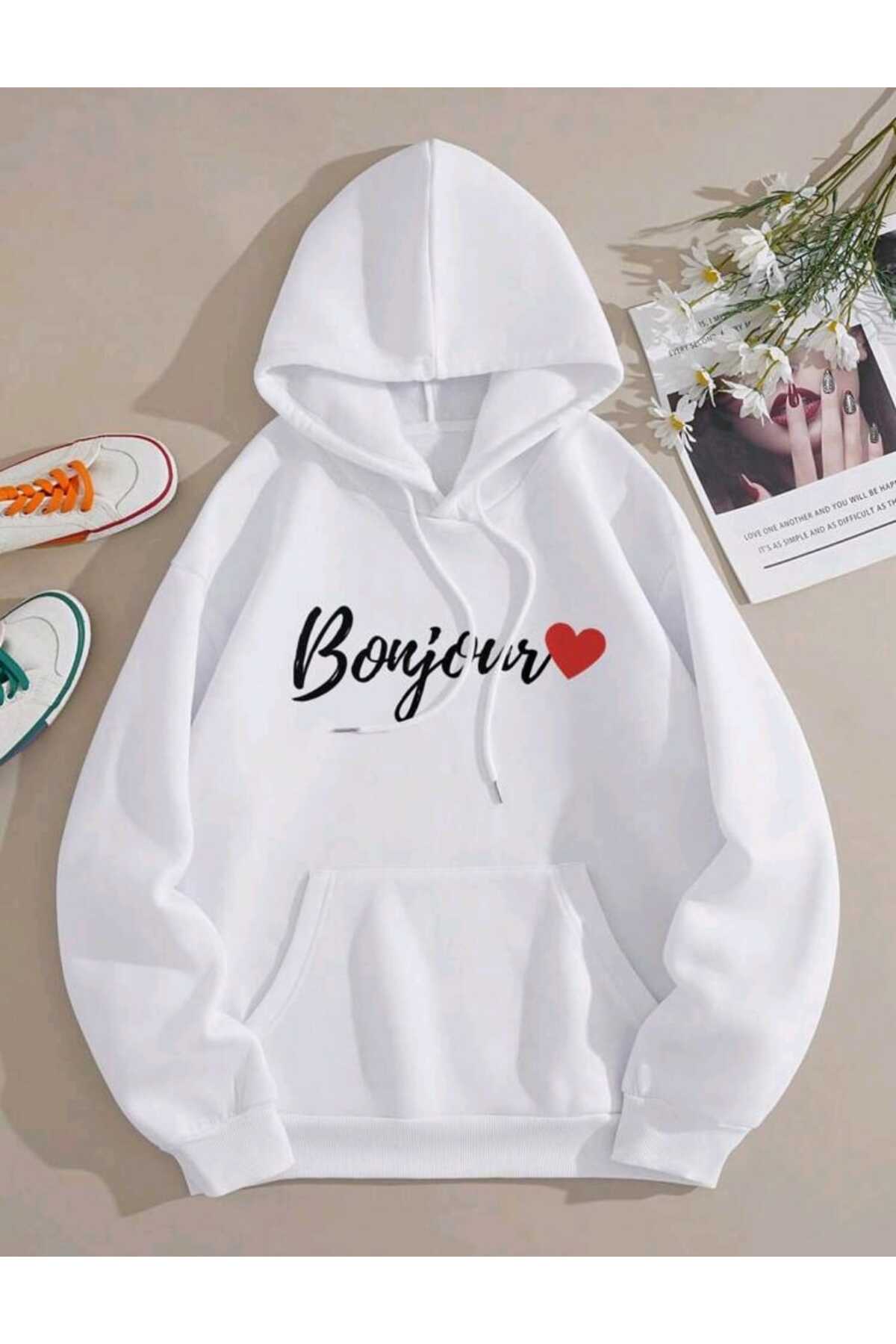 Beyaz Baskılı Kapüşonlu Sweatshirt Pamuklu