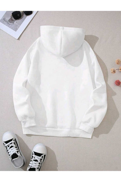 Beyaz Baskılı Kapüşonlu Sweatshirt Pamuklu
