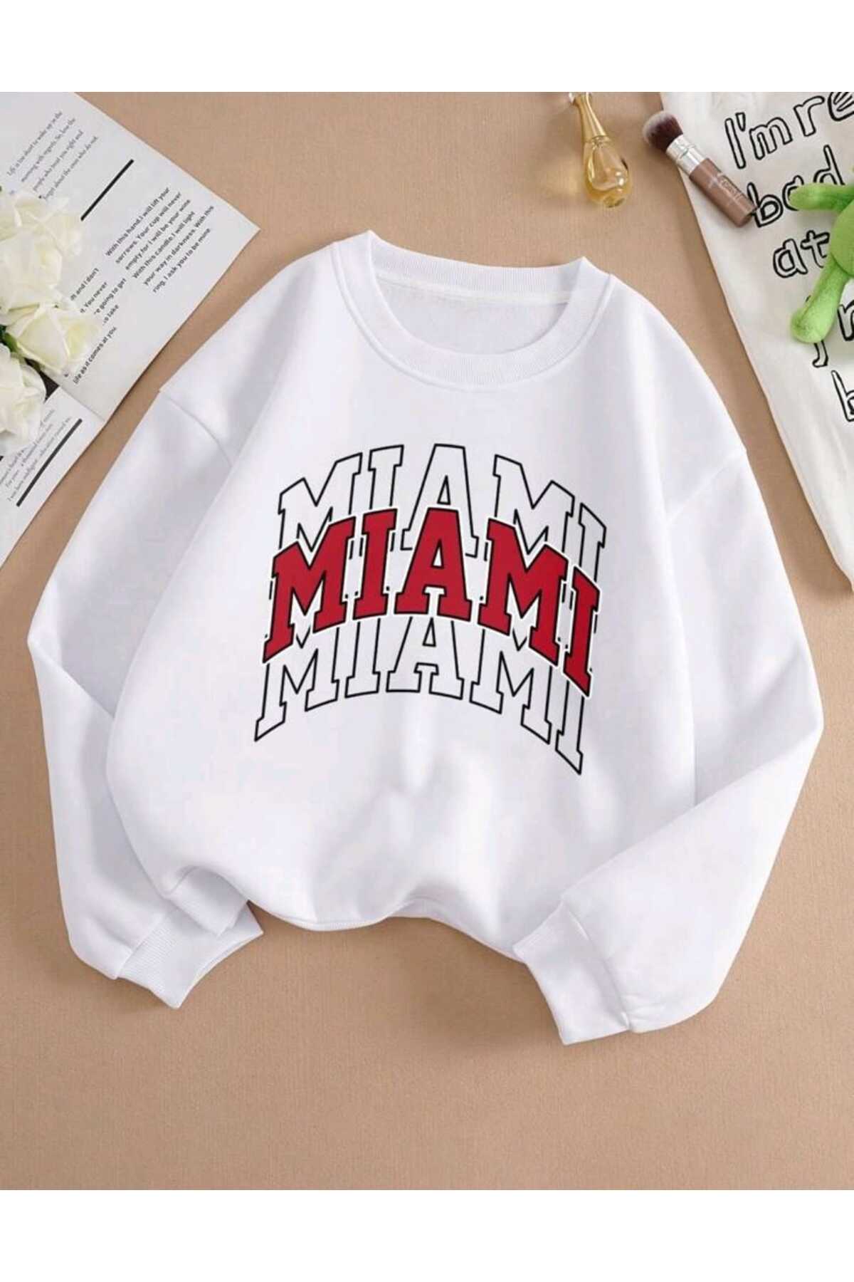 Miami Baskılı Bisiklet Yaka Sweatshirt