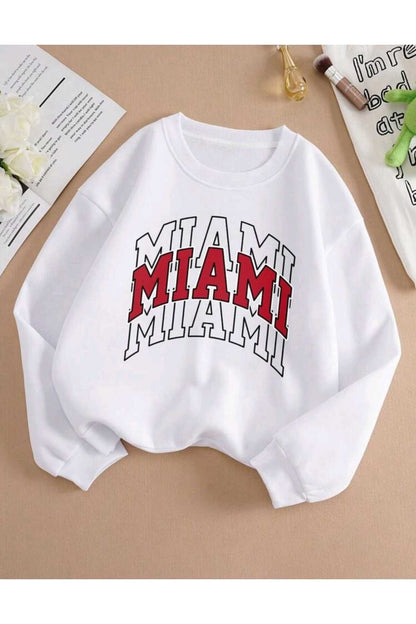 Miami Baskılı Bisiklet Yaka Sweatshirt