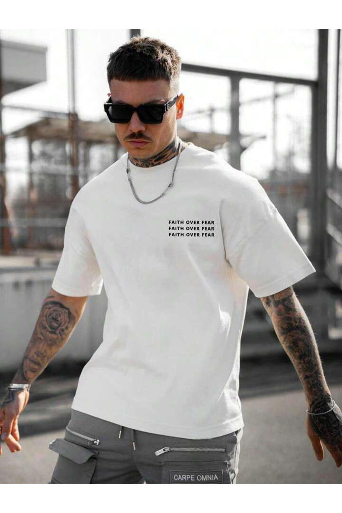 FAITH OVER FEAR Baskılı Oversize Pamuklu Tshirt T-Shirt Tşört Tişört