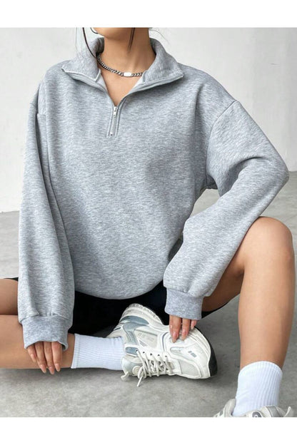 Siyah Dik Yaka Yarım Fermuarlı Düz Kazak Sweatshirt