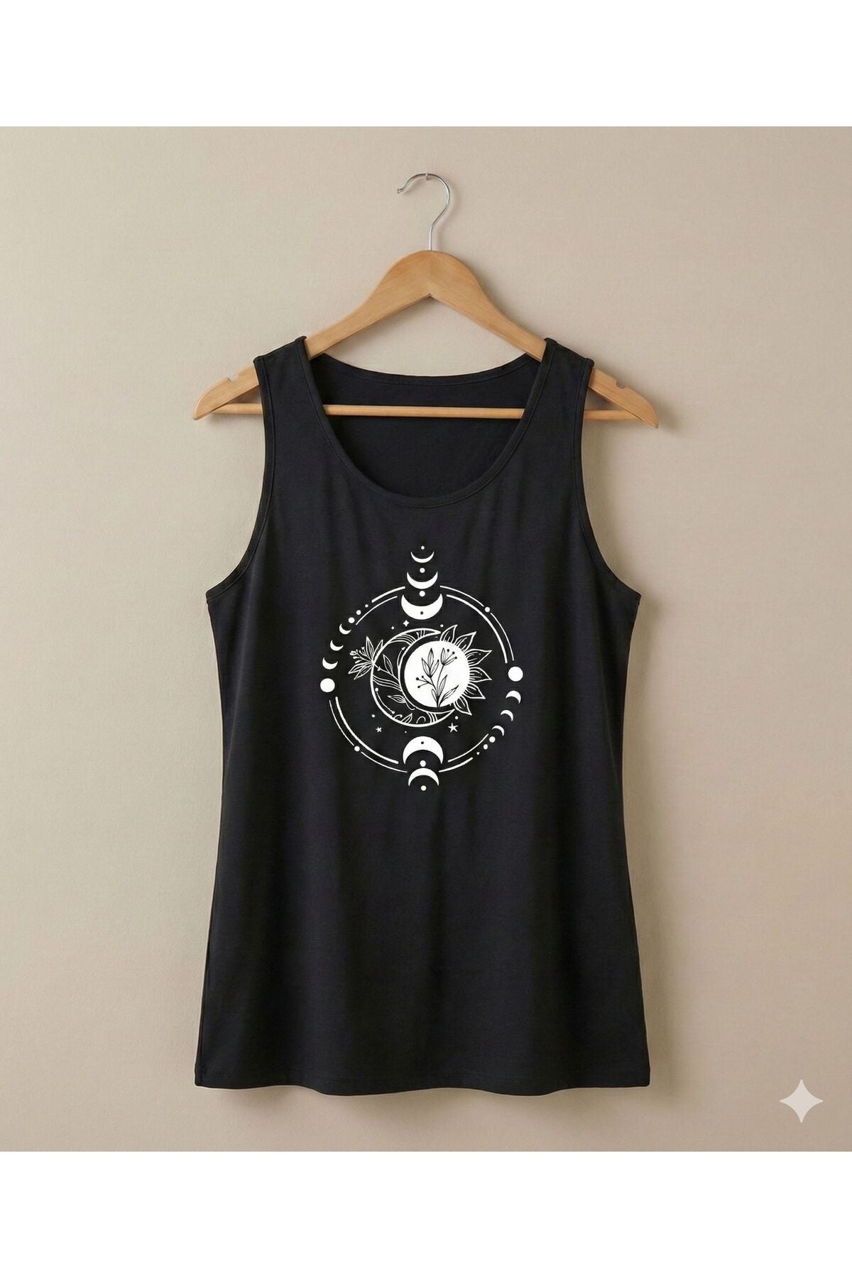 Ay Çiçek Baskılı Kadın Siyah Omuzu Açık Askılı Yazlık Pamuklu T-shirt