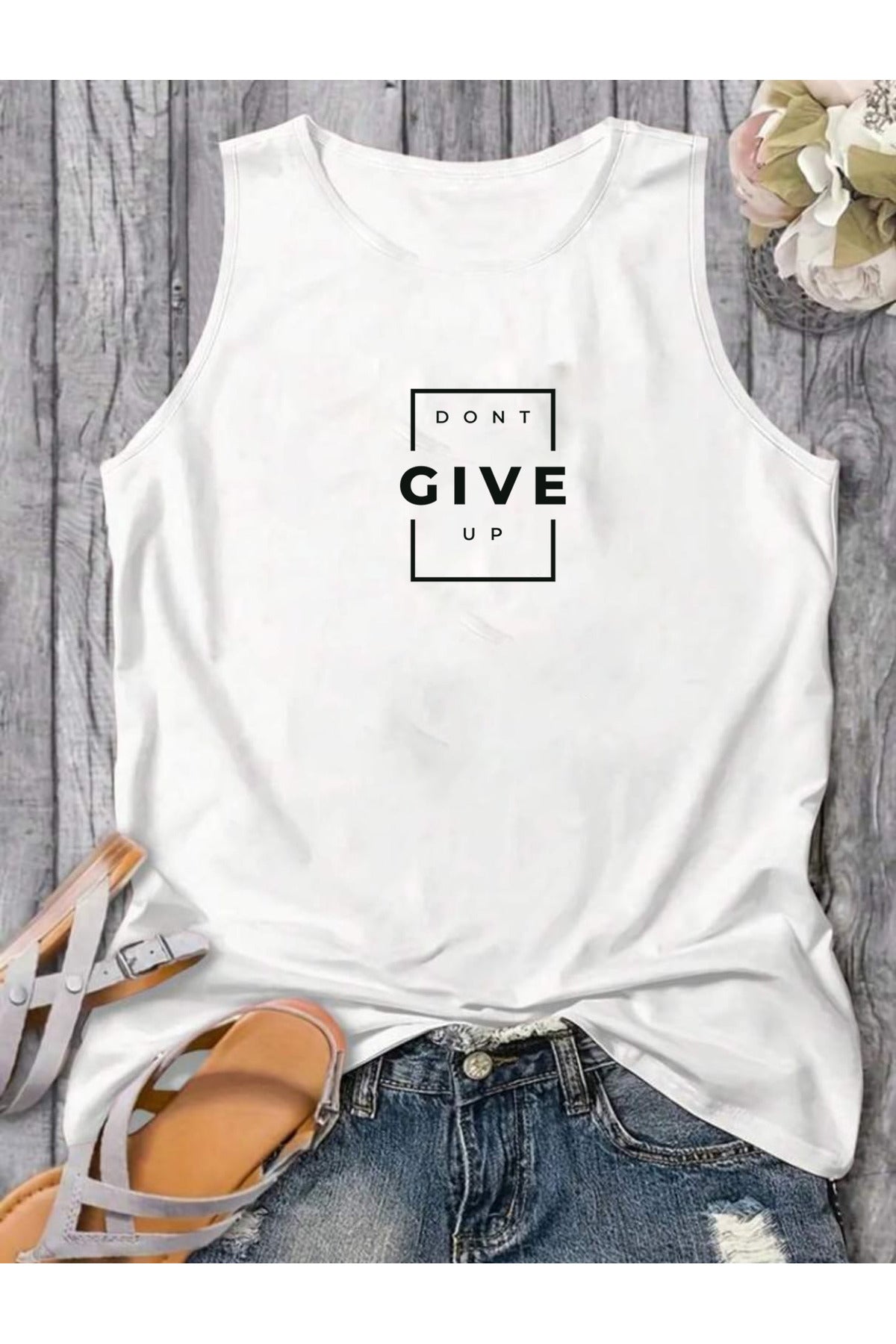 DONT GIVE UP Kadın Pamuklu (Omuzu Açık) Kolsuz Yazlık T-shirt