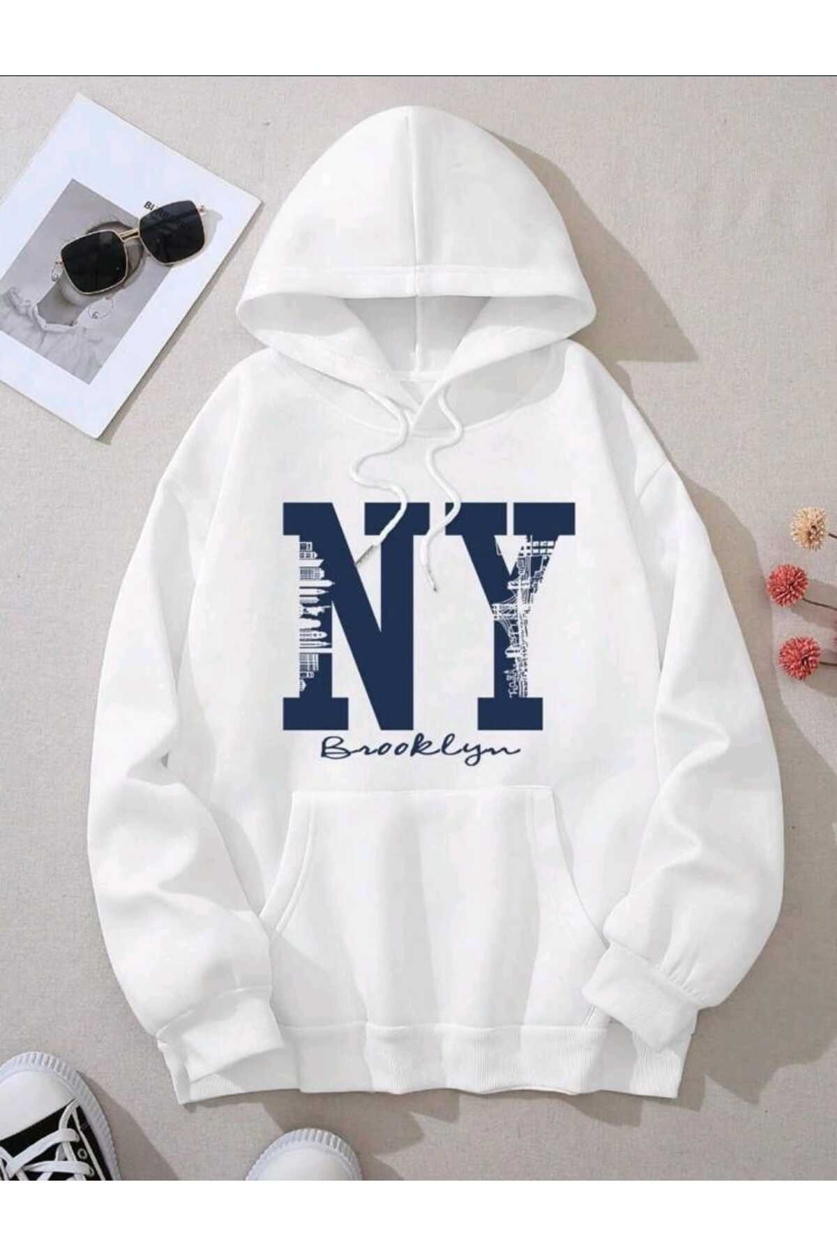 Beyaz Baskılı Kapüşonlu Sweatshirt Pamuklu