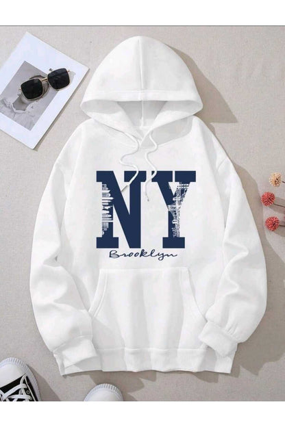 Beyaz Baskılı Kapüşonlu Sweatshirt Pamuklu