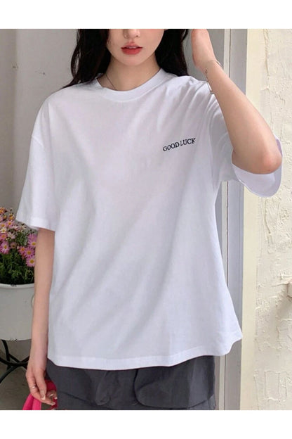 GOOD LUCK Baskılı Pamuklu Kısa Kol (Oversize) Tshirt