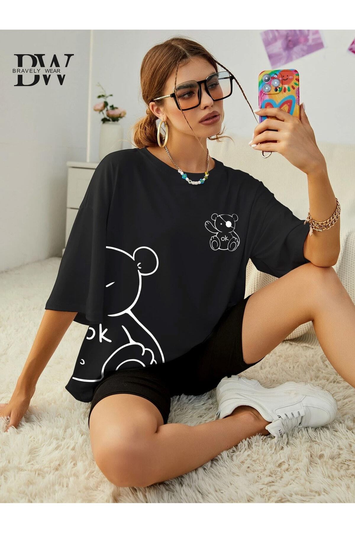 Ayıcık Baskılı Oversize Bisiklet Yaka Pamuklu Tshirt