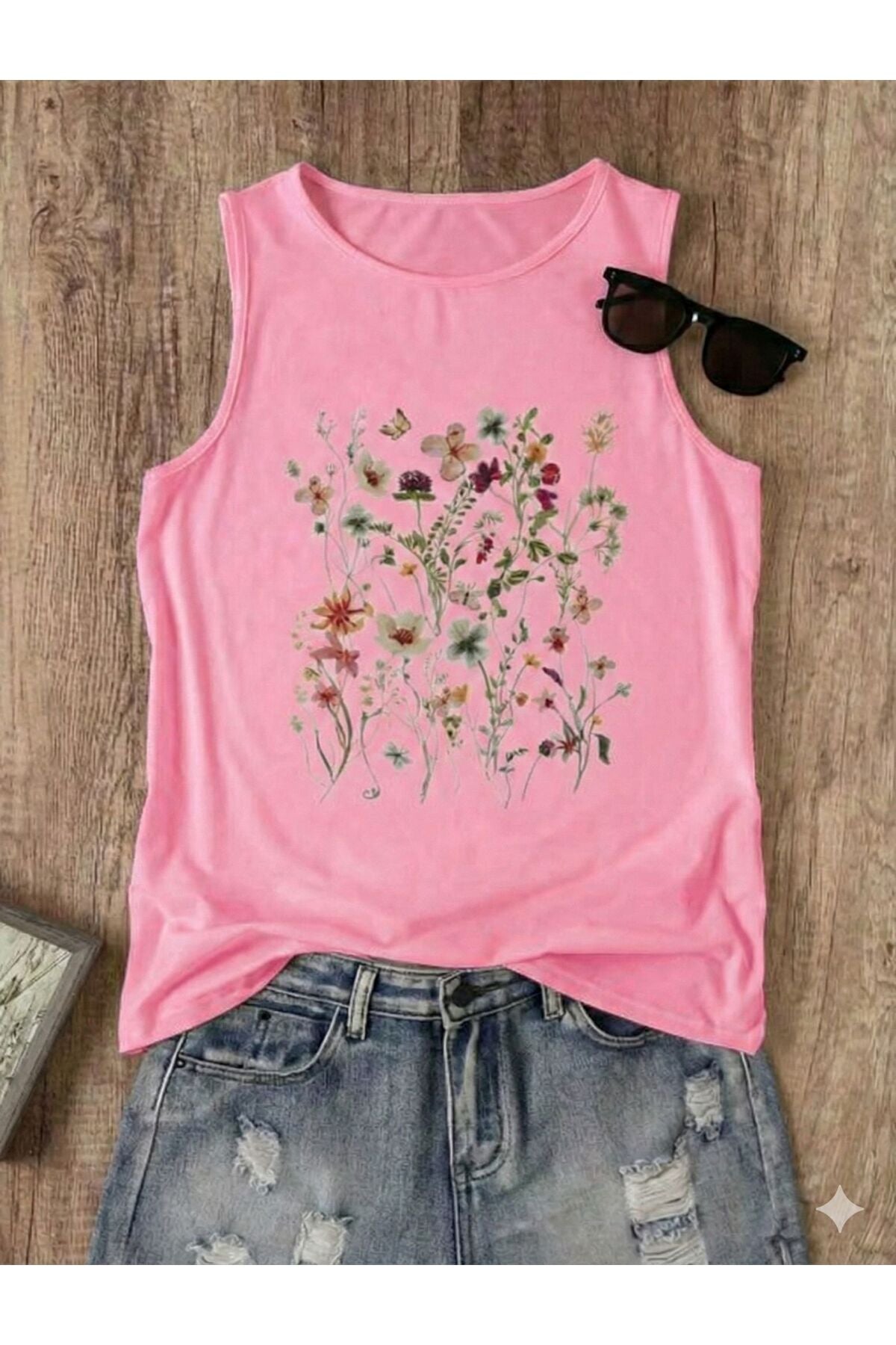 FLOWERS Desenli Kadın Pamuklu Omuzu Açık (Kolsuz) Yazlık T-shirt