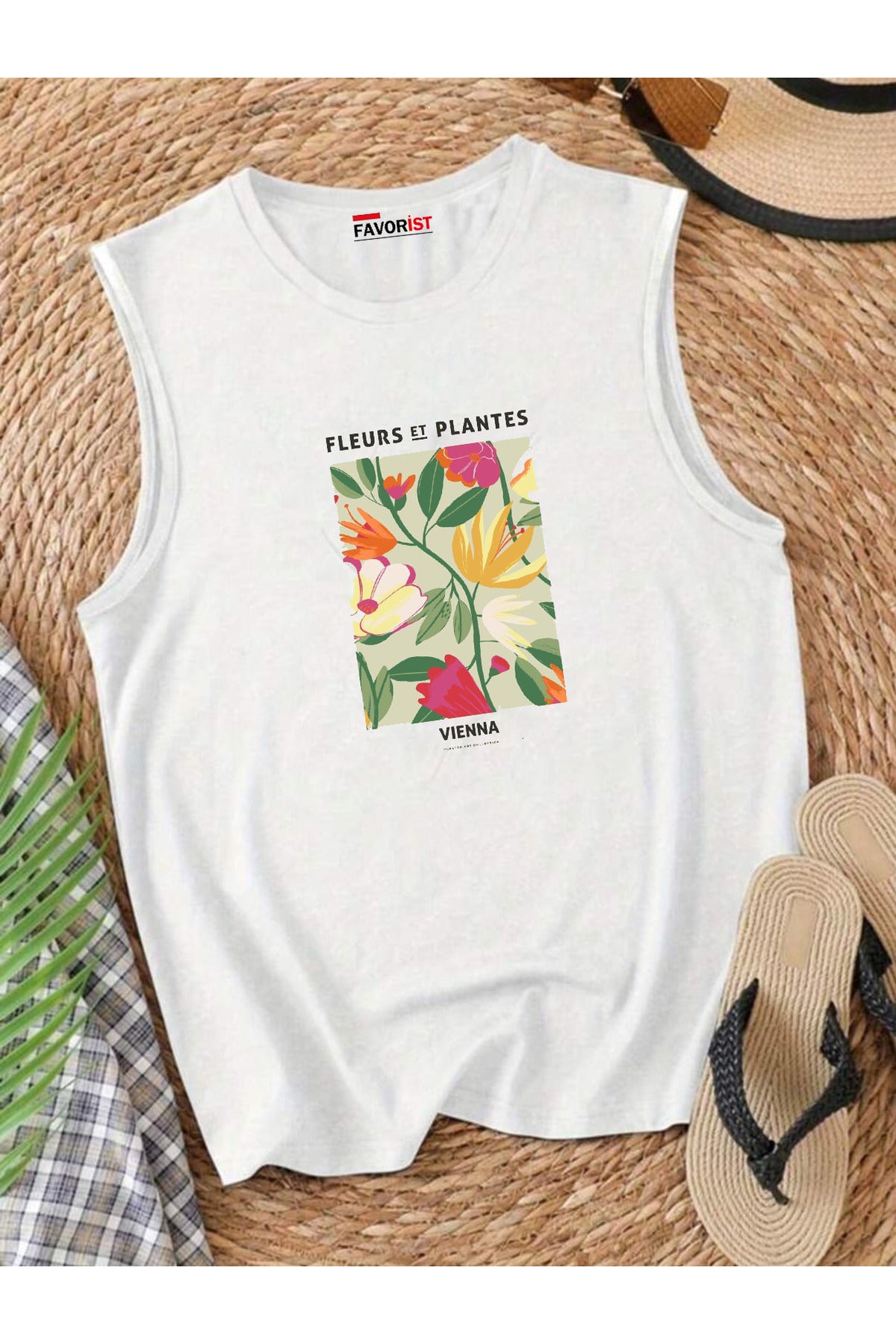 Şehrin Çiçekleri Omuzu Açık Kadın Pamuklu Kolsuz Yazlık T-shirt Atlet
