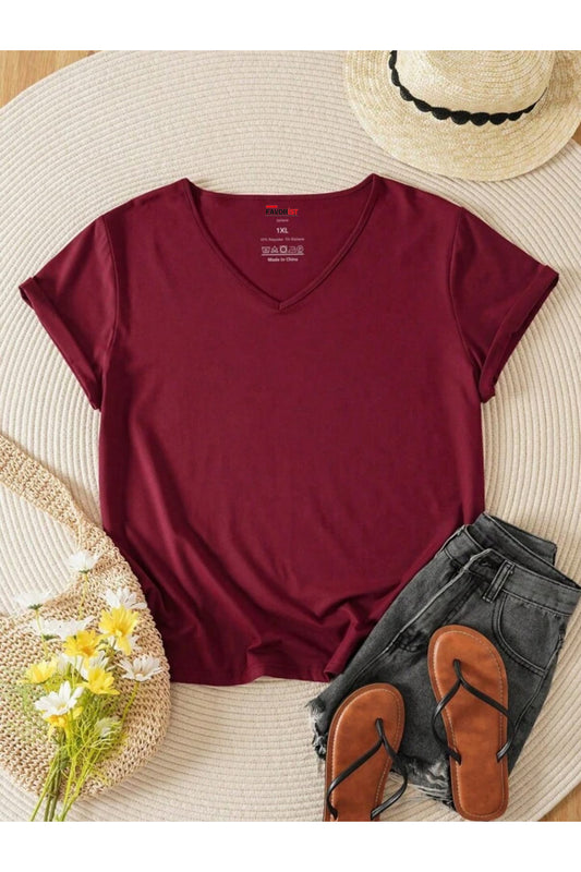 V Yaka Regular Fit Kalıp Düz Tshirt