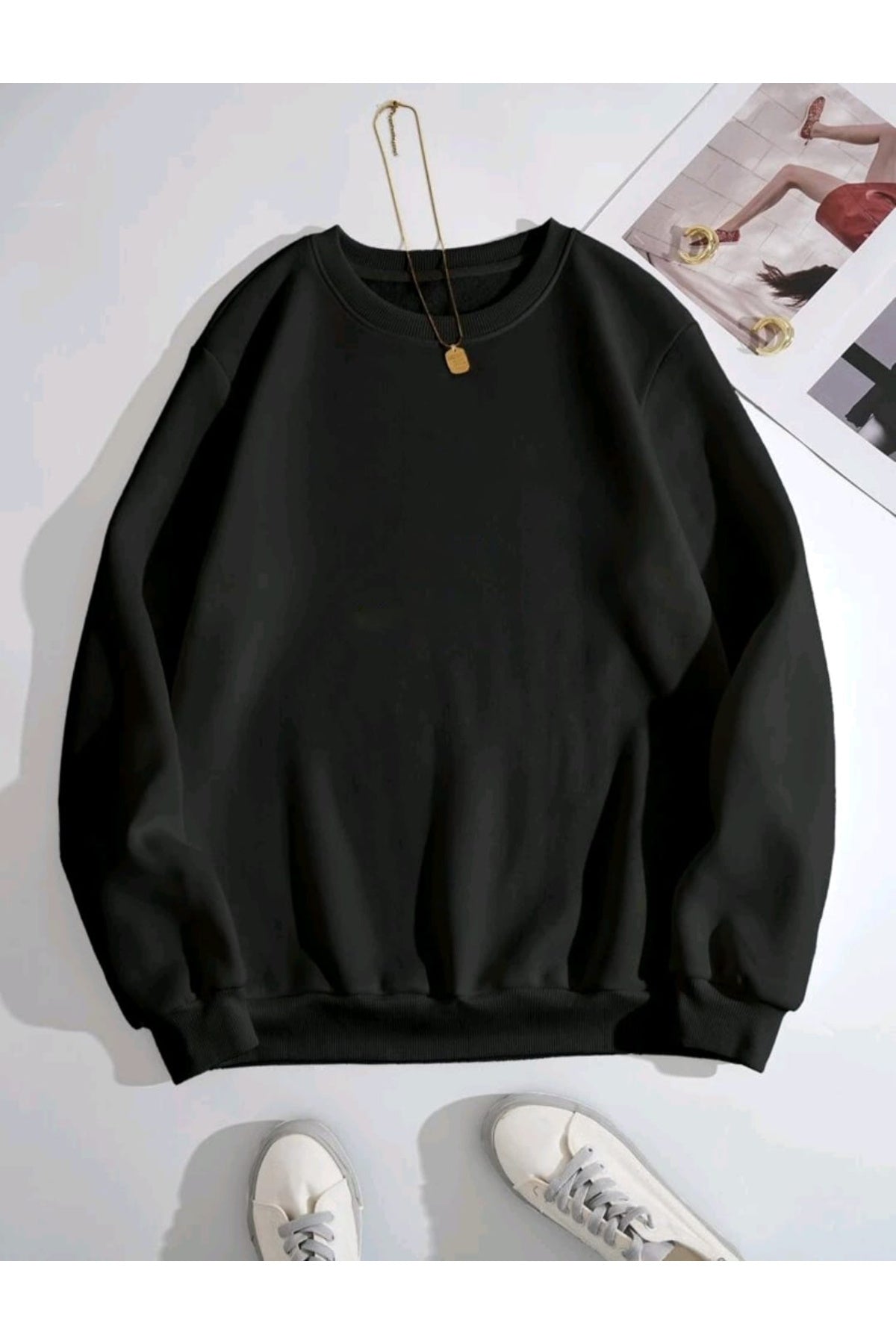 Düz Baskısız Giy Çık Oversize Kalıp Bisiklet Yaka Sweatshirt