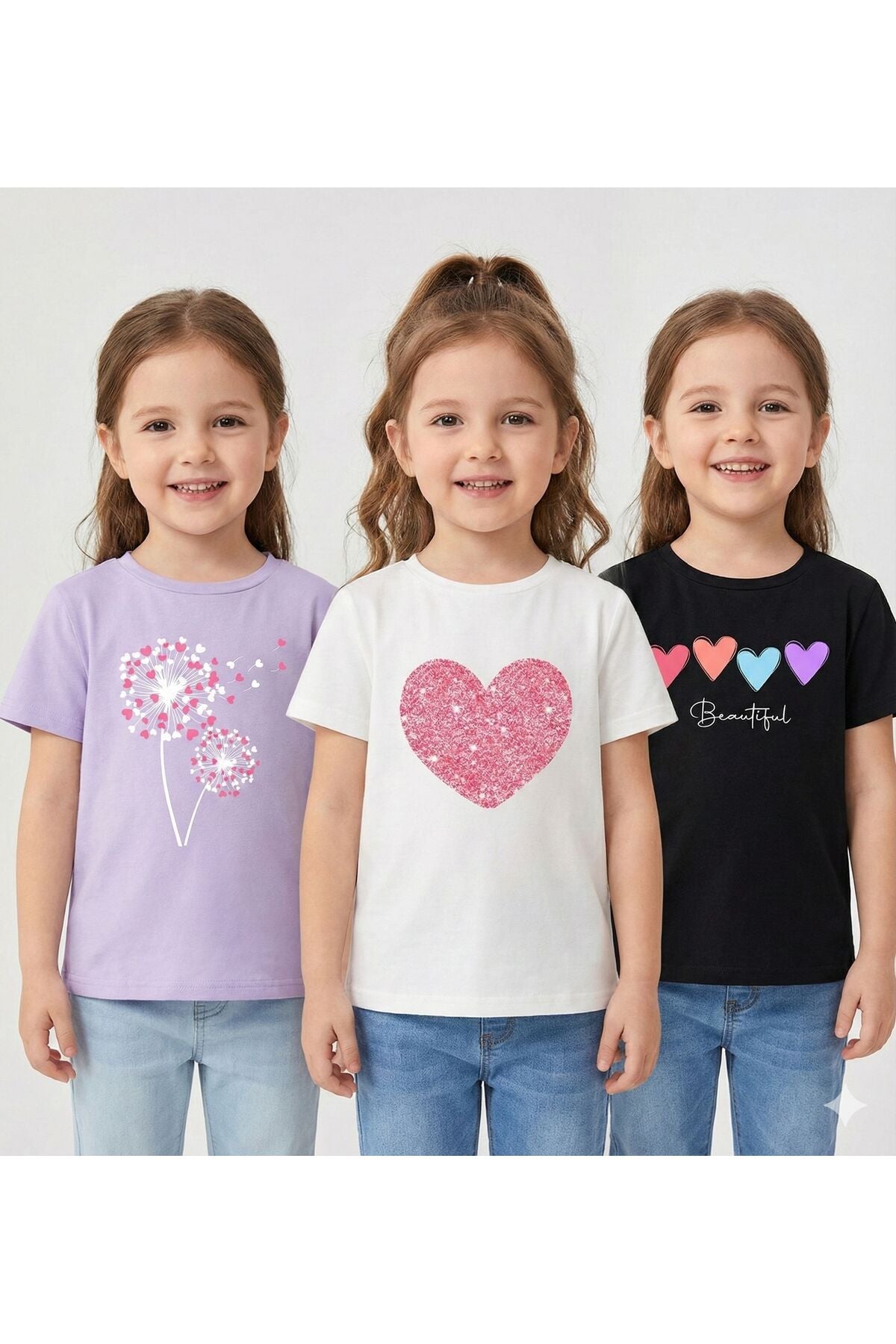 3'lü Paket Beautiful Kalpler Baskılı Çocuk Pamuklu Tshirt