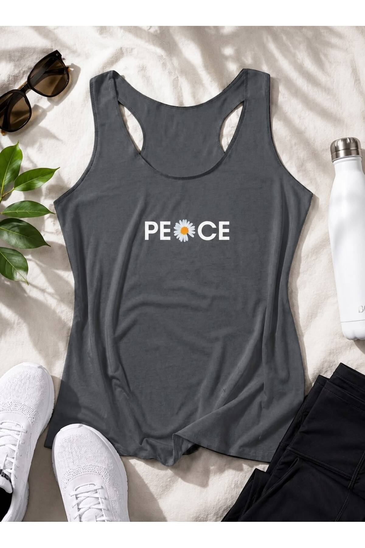 PEACE Baskılı Kadın (YÜZÜCÜ) Model Slim Fit Askılı Tshirt