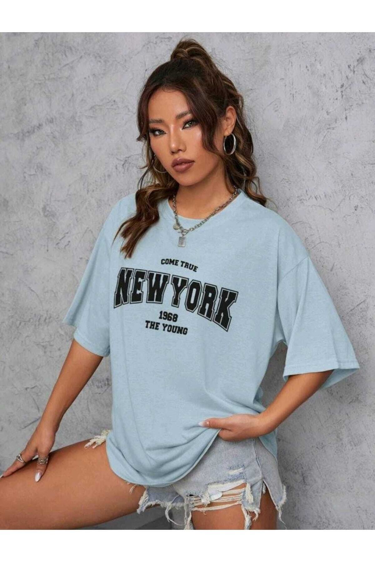Come True New York Baskılı Oversize Spor Bisiklet Yaka Pamuklu Tshirt